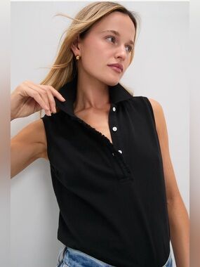 TUCKERNUCK Black Pique Sleeveless Ruffle Margaret Polo Black size Medium.